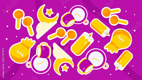 Purple themed stickers with zakat bags candles alarm clocks and drum sticks