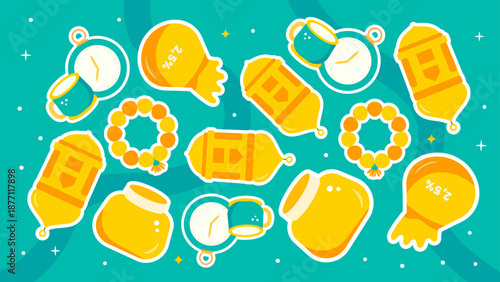 Beautiful pattern with golden lanterns prayer beads and alms bags on turquoise background