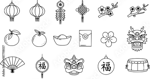 Traditional Chinese New Year Icons Collection: Lunar Festival Symbols Line Art Set