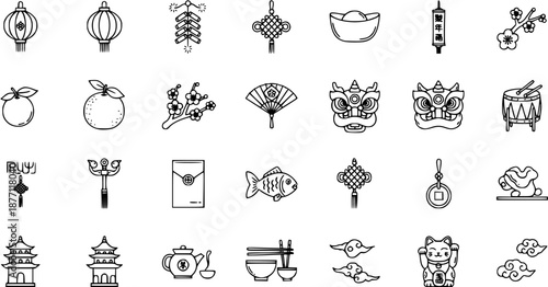 Chinese New Year Lunar Culture Outline Icons Set - Auspicious Vector Collection