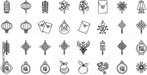 Traditional Chinese New Year and Cultural Symbols Line Art Icons Set