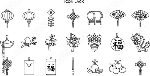 Chinese New Year Line Art Icons Set - Traditional Culture Celebration Elements