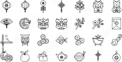 Chinese New Year Icons - Traditional Symbols and Festive Elements