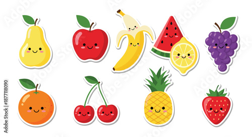 A cheerful collection of cute kawaii fruit stickers with smiling faces, including an apple, banana, strawberry, and pineapple.