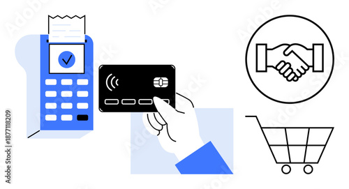 Contactless payment concept. Shows card transaction on a reader with icons for handshake and shopping. Contactless payment streamlines retail and improves customer convenience. For e-commerce