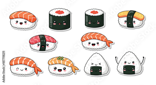 A large and adorable collection of various kawaii sushi and onigiri character stickers with cute faces on a white background.