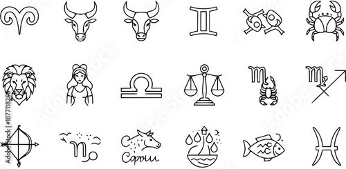 Zodiac Signs Icons Collection - Astrology Symbols Line Art