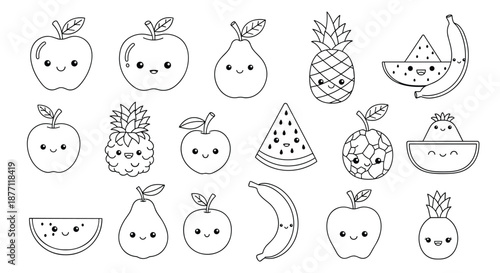 A large collection of cute kawaii fruit characters in a black and white line art style, perfect for coloring book pages.