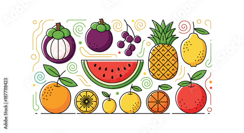 A vibrant and playful collection of assorted tropical and citrus fruits illustrated in a colorful flat line design style.