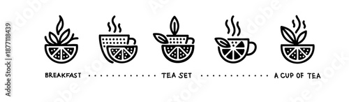 A set of cups of tea and coffee for breakfast with a slice of lemon similar to a QR code barcode code