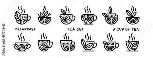 A set of cups of tea and coffee for breakfast with a slice of lemon similar to a QR code barcode code