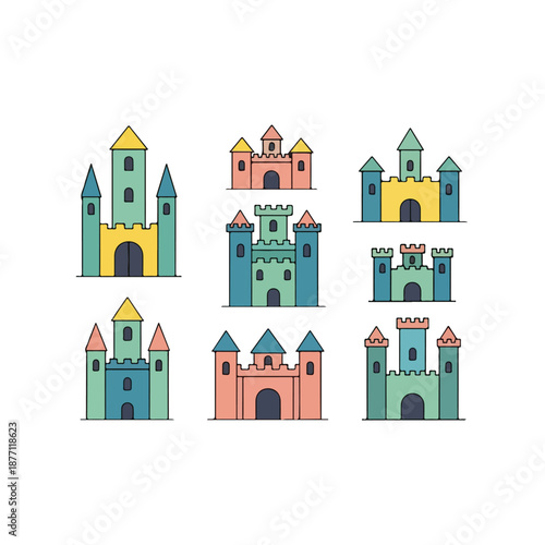 Colorful Sandcastles Set Cartoon Castle Icons.