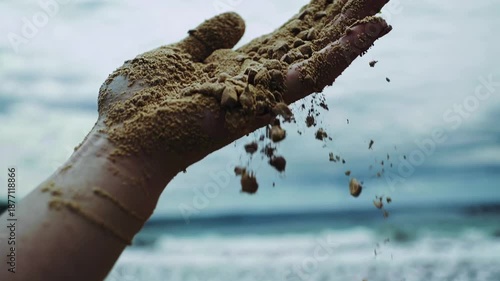 A close-up video captures a hand releasing sand into the air, set against a blurred beach background, evoking a sense of freedom and tranquility.