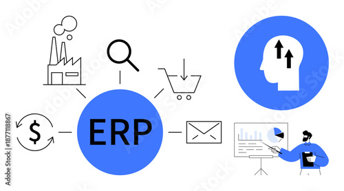 ERP concept. ERP systems streamline resource planning, improve data workflow, and enhance productivity. ERP for industry, business analysis, process management, logistics, and finance