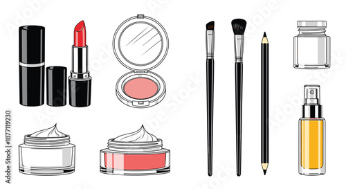 A stylish set of various makeup and cosmetic products illustrated in a detailed black and white line art with color accents.