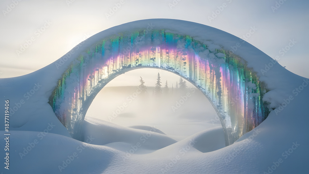 Naklejka premium Spectacular iridescent ice arch reflects a vibrant rainbow of colors amidst a serene snow-covered winter landscape at dawn