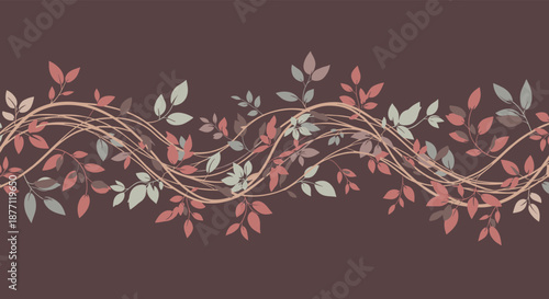 A beautiful seamless border or pattern of intertwined vines with colorful leaves in muted pink and green earthy tones.