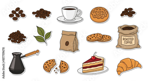 A cozy collection of coffee-themed sticker illustrations including coffee beans, cups, pastries, and a cezve on a white background.