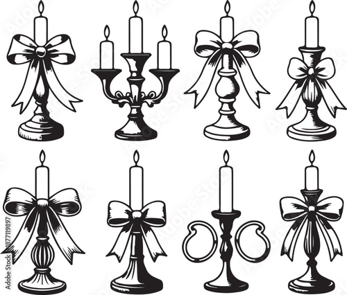 Elegant vintage candlestick with ribbon and candle for decoration celebration festive holiday event illumination romantic