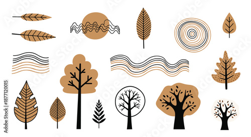 A collection of abstract and stylized trees, leaves, and shapes in a brown and black modern Scandinavian doodle style.