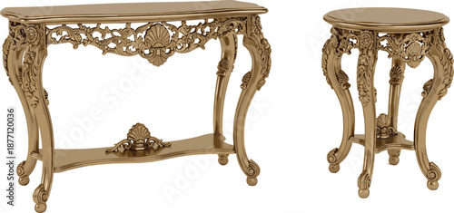 Luxury baroque console table and round side table with ornate carved details, classic rococo style furniture, golden wood finish, elegant antique interior decor design