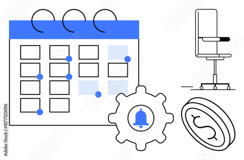 Scheduling, productivity, office management, time tracking, financial planning, business workflow. Blue-highlighted calendar, gear with notification bell office chair and coin. Scheduling