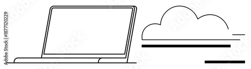 Cloud computing, data storage, technology, remote work, IT solutions, connectivity visualization. Minimalistic line art of a laptop and cloud icon. Cloud computing and data storage concept