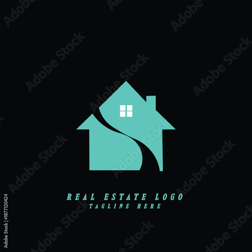 Minimalist Teal Real Estate House Logo Design with S-Shape Path on Black Background for Property Branding