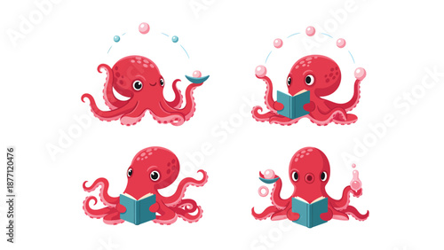 Cute Red Octopus Characters Reading Books and Juggling Pearls Vector Set