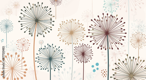 A whimsical illustration of stylized dandelion flowers in various muted colors on a light beige background creating a dreamy mood.