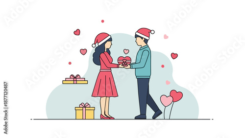 Man and woman in Santa hats exchanging gifts with hearts and presents around, celebrating a festive occasion.