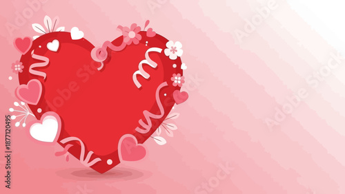 A beautifully decorated large red heart with smaller pink and white hearts, delicate white flowers, and elegant swirling ribbons on a soft pink gradient background, symbolizing love and romance.