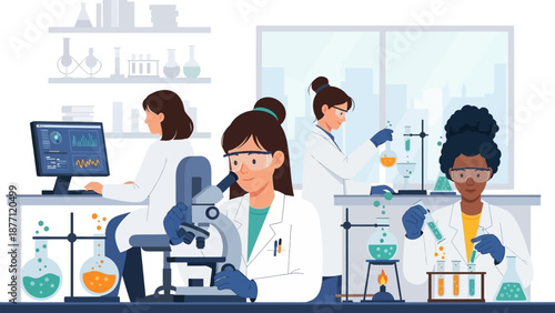 Four diverse women scientists conducting experiments and research in a modern laboratory setting with various scientific equipment.