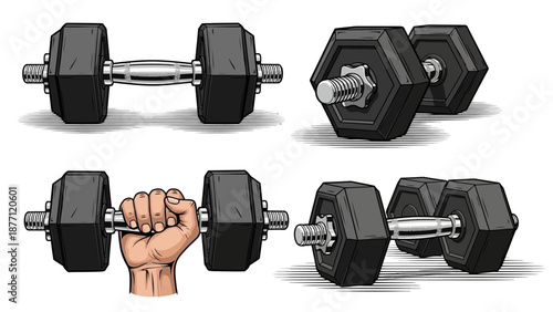 Hand holding dumbbell in various poses and angles, showcasing strength and fitness