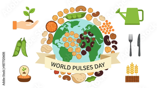 World Pulses Day illustration with globe, various legumes, and related agricultural icons like sprouts, watering can, and cutlery on a white background.
