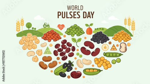 An illustration for World Pulses Day, featuring a diverse collection of legumes like beans, lentils, and peas arranged in a heart shape, with green fields and agricultural elements.