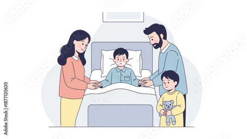 A caring family gathers around a sick child in bed, offering comfort and support during his illness, with parents holding hands and a sibling nearby.