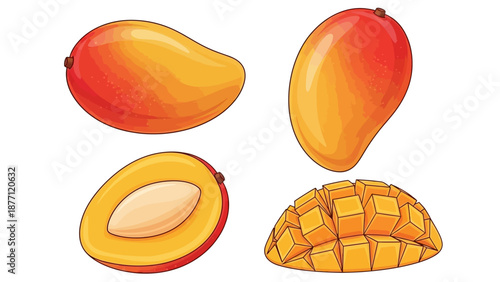 Vibrant mangoes displayed in various cuts on a white surface from a top-down viewpoint