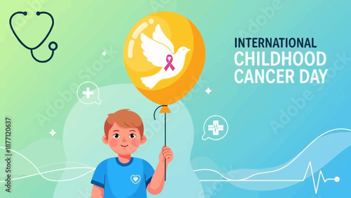 Illustration for International Childhood Cancer Day featuring a young boy holding a balloon with a dove and pink ribbon, surrounded by medical symbols.