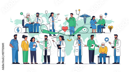 Global healthcare network with diverse medical professionals and patients receiving care, illustrating worldwide medical services and support.