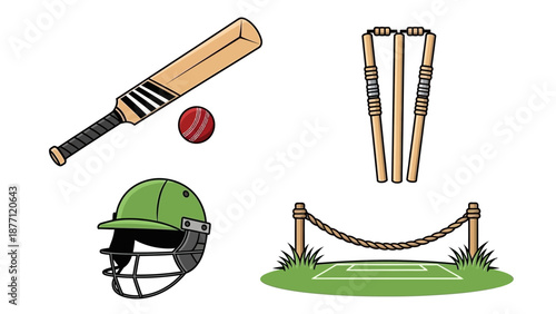 Cricket equipment and field elements, including bat, ball, helmet, wickets, and pitch, depicted in a cartoonish style