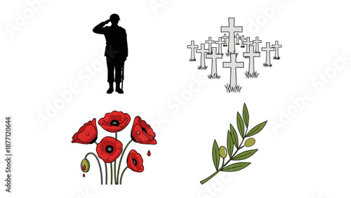 Soldier Saluting at Memorial with Poppies and Olive Branch Illustrations