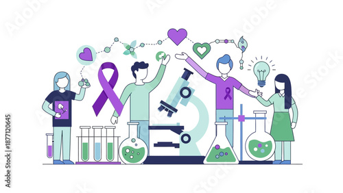 A group of diverse people collaborating on scientific research with lab equipment and symbols of health awareness and support.
