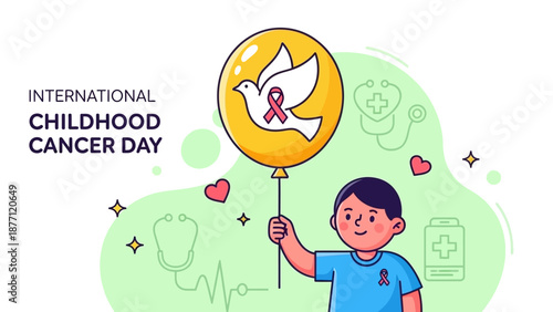 Illustration of a boy holding a balloon with a dove and pink ribbon for International Childhood Cancer Day, surrounded by medical symbols.