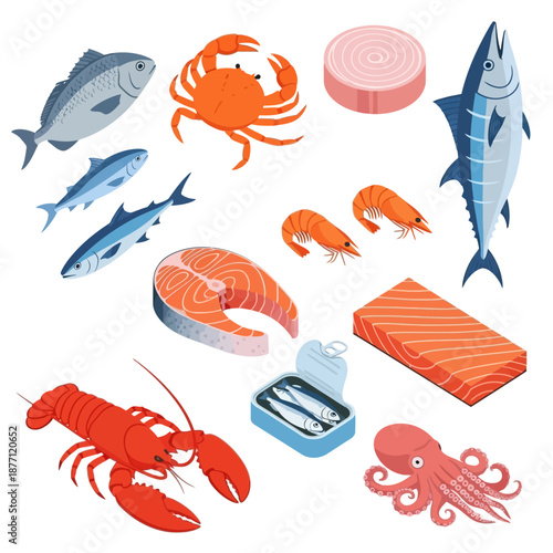 Assorted seafood illustrations including fish, crustaceans, and mollusks arranged together