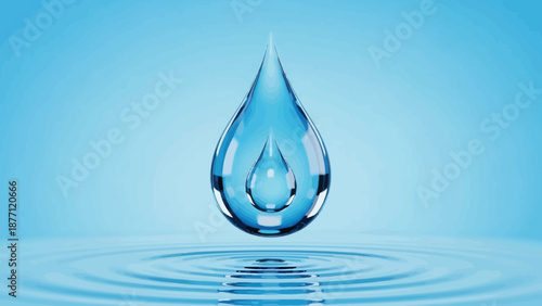 A crystal clear blue water droplet suspended above a rippling water surface, symbolizing purity and freshness.