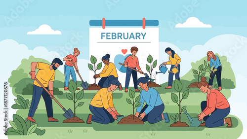 A diverse group of people planting trees and caring for the environment in February, symbolizing community and conservation efforts.