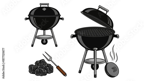 Barbecue grill with lid open and closed, fork, and coal on white background illustration