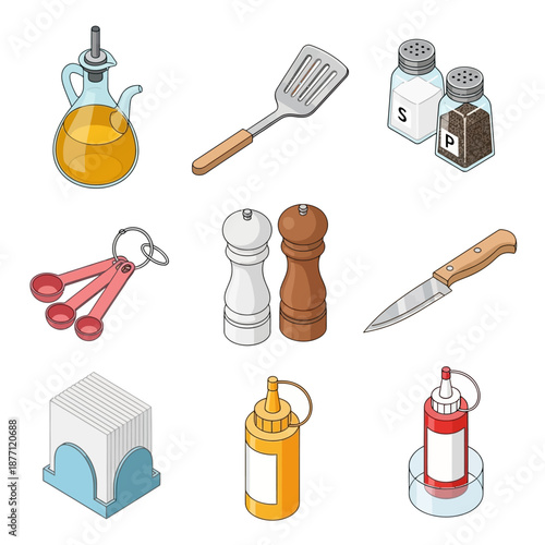 Collection of kitchen utensils and condiments on a clean white background