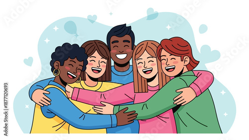 A diverse group of five happy young friends embracing each other with smiles, symbolizing friendship, unity, and joy.